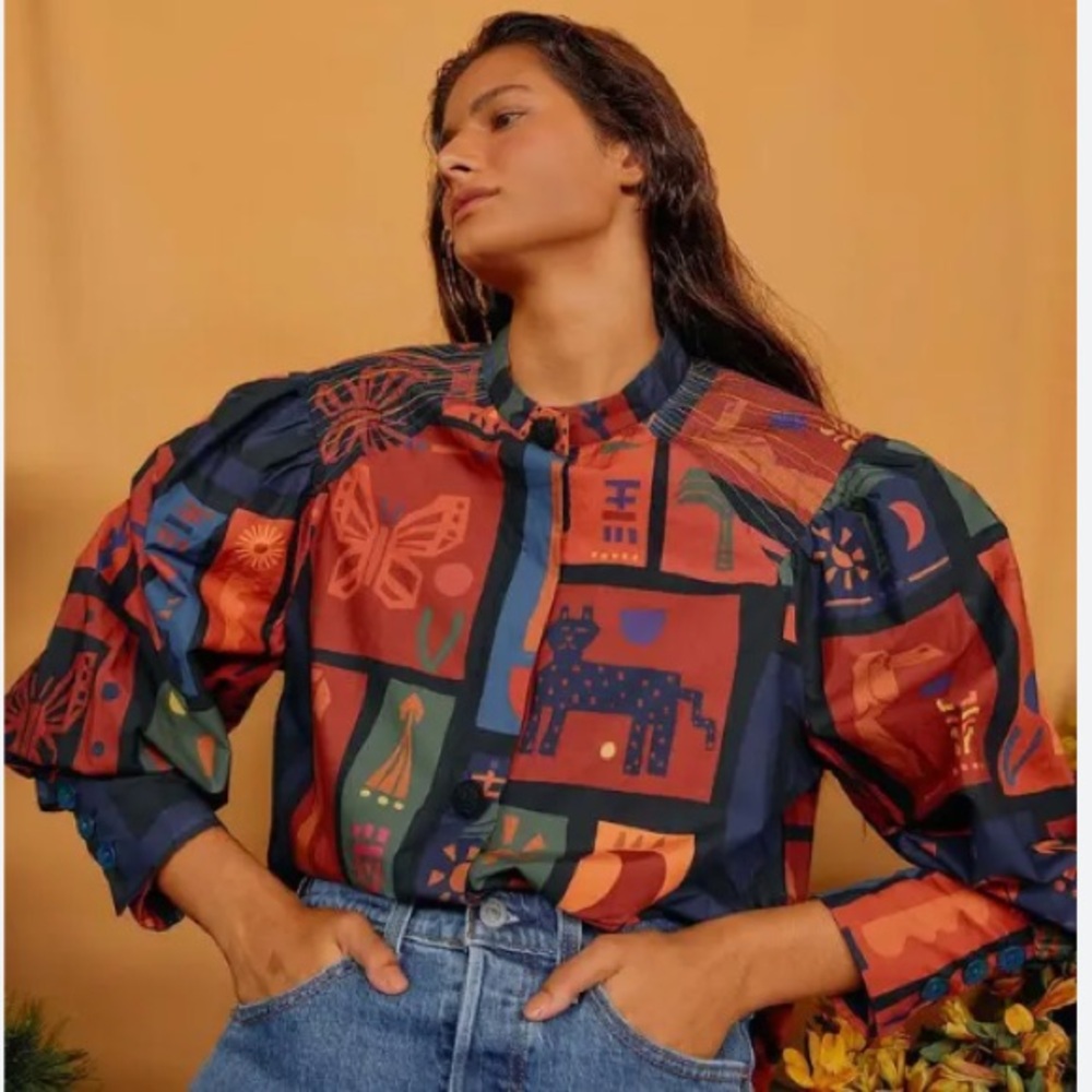 NEW FARM Rio Colorful Tropical Icons Blouse Puff Sleeves Cotton Bird Size S or M